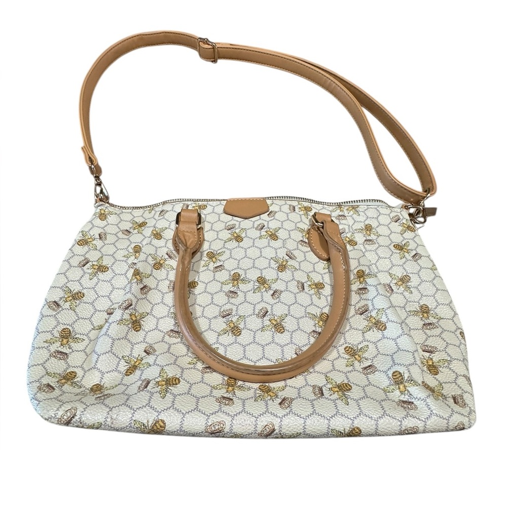 Calfland Cream and Tan Bumblebee Print Leather Handbag Purse